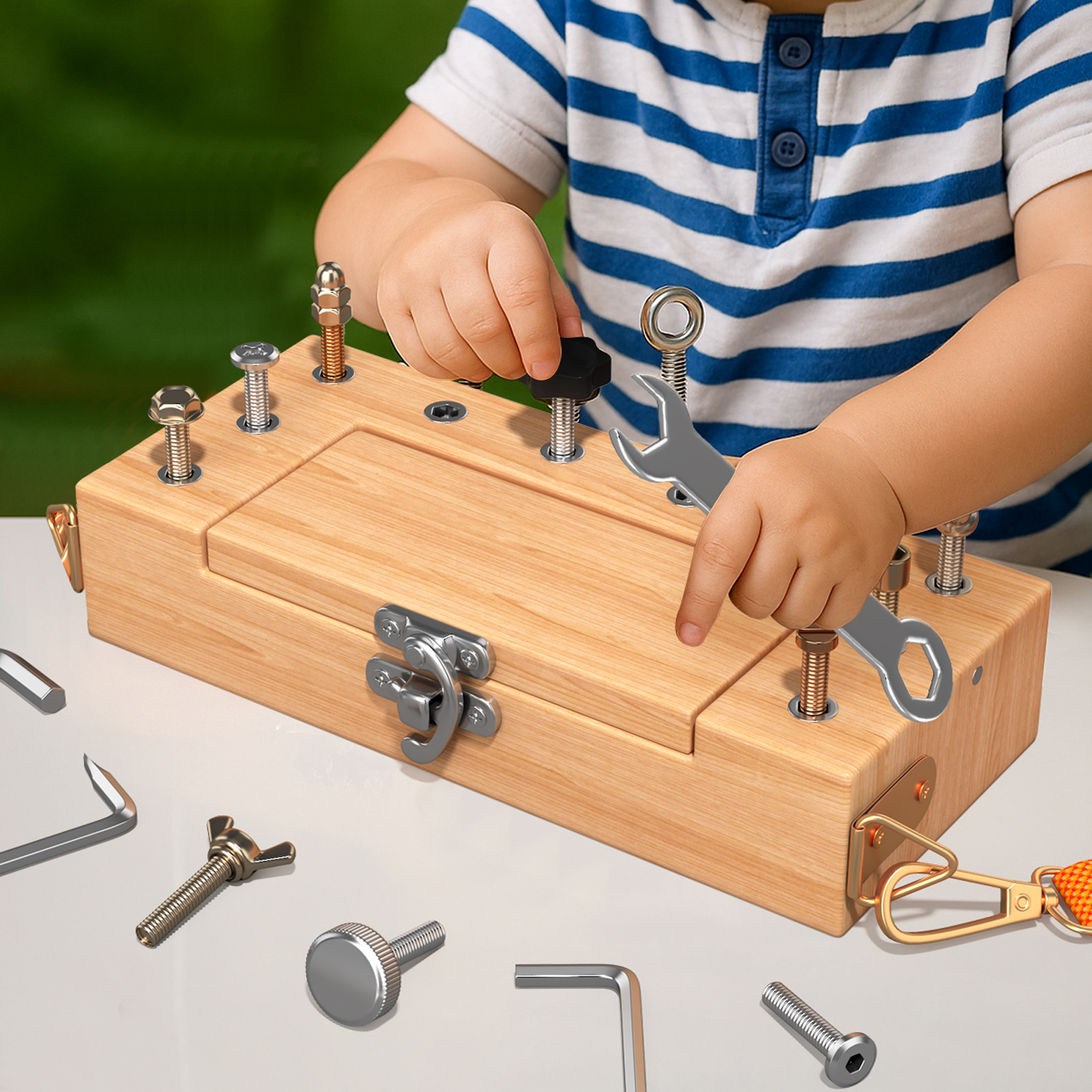 CPC CE Nut Tool Box, Montessori Children's Screwdriver Set, portable shoulder strap learning sensory early education toy, wooden Montessori screw combination, disassembly and assembly nut tool box, early education and intelligence toy Specification drawing