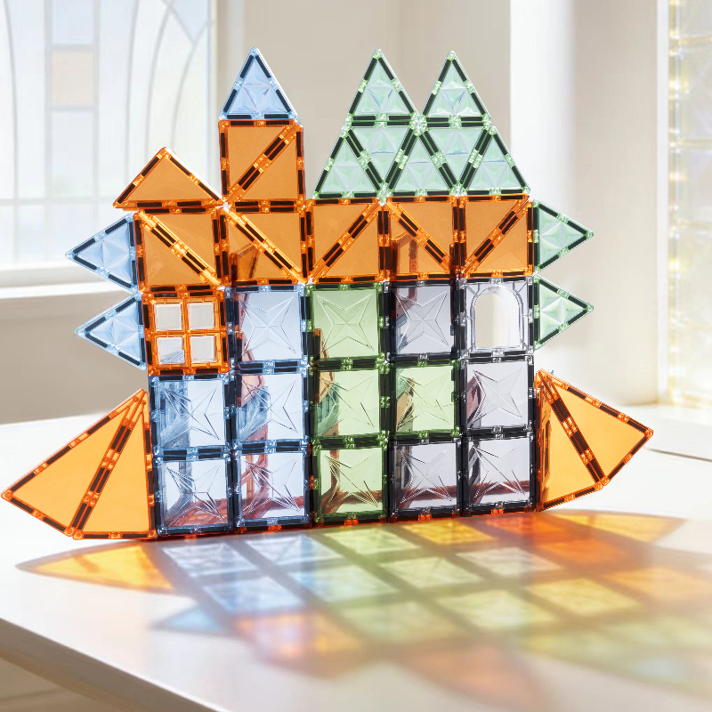 60PCS magnetic building blocks, color transparent magnetic assembly, intelligence building blocks, castle model, magnetic sheets, magnetic toys, translucent window assembly building blocks, natural color diamond surface magnetic sheets, large color Windows, super strong magnetism Specification drawing