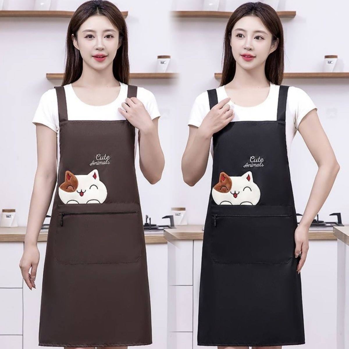 New custom-made aprons for kitchen use, waterproof and stain-resistant for cooking, cute oil-resistant waists, work clothes for baking, fashionable for work, and printed characters pic 10