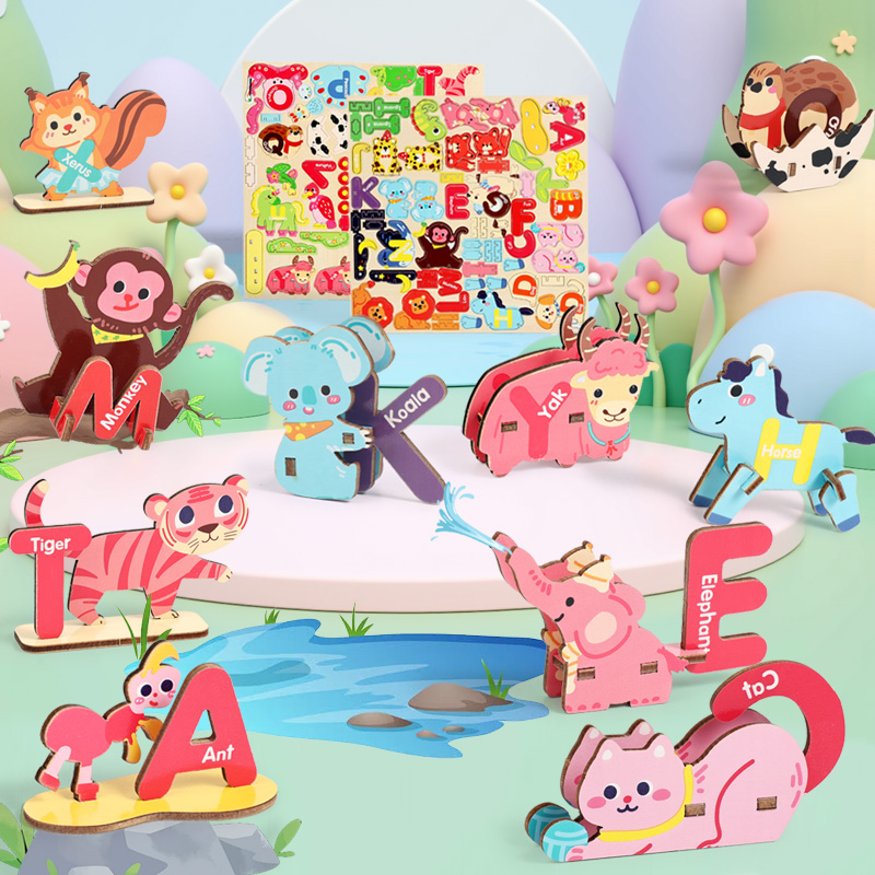 3D Animal letter jigsaw puzzle, wooden, 3-6 years old children's early education DIY assembly and assembly 3D stereoscopic jigsaw puzzle, 26-letter fun animal educational cognitive children's educational toy full figure