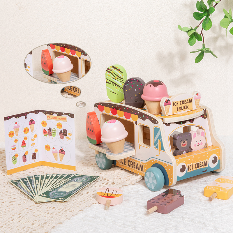 Eight major institution certificates, ice cream store selling cart, cute model, science education toy, wooden simulation ice cream cart, small store, house play toy, educational parent-child interaction building blocks, boy and girl gifts Specification drawing
