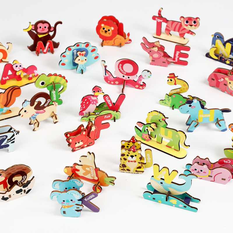 3D Animal letter jigsaw puzzle, wooden, 3-6 years old children's early education DIY assembly and assembly 3D stereoscopic jigsaw puzzle, 26-letter fun animal educational cognitive children's educational toy Item Picture