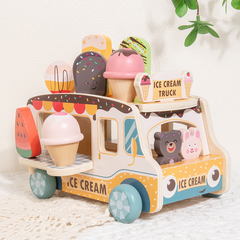 Eight major institution certificates, ice cream store selling cart, cute model, science education toy, wooden simulation ice cream cart, small store, house play toy, educational parent-child interaction building blocks, boy and girl gifts full figure