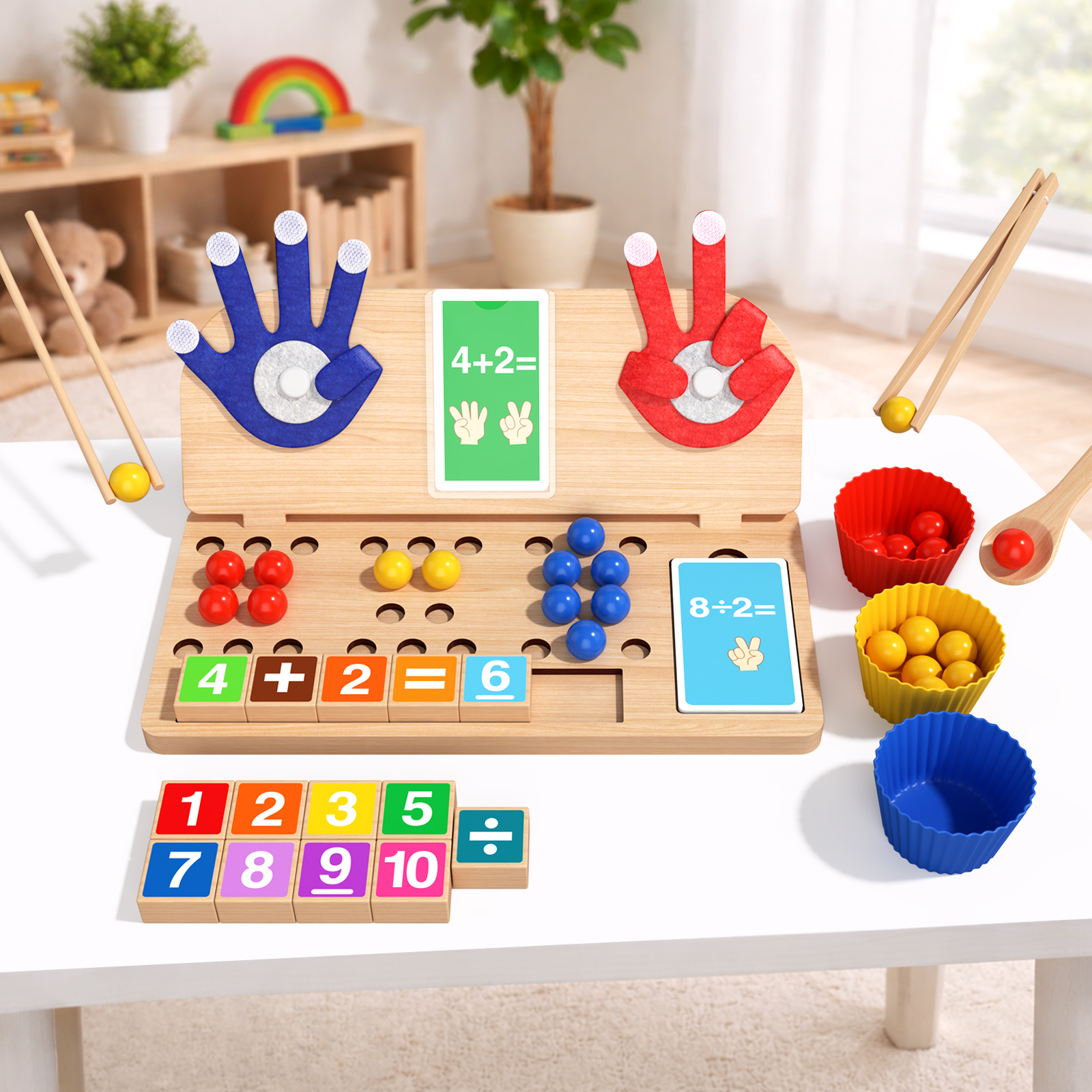 CE CPC EN71 Finger Operation Decomposition Bead Picking children's bead picking arithmetic Game, large class toy, wooden early education addition and subtraction learning, color and number recognition teaching aid details Picture