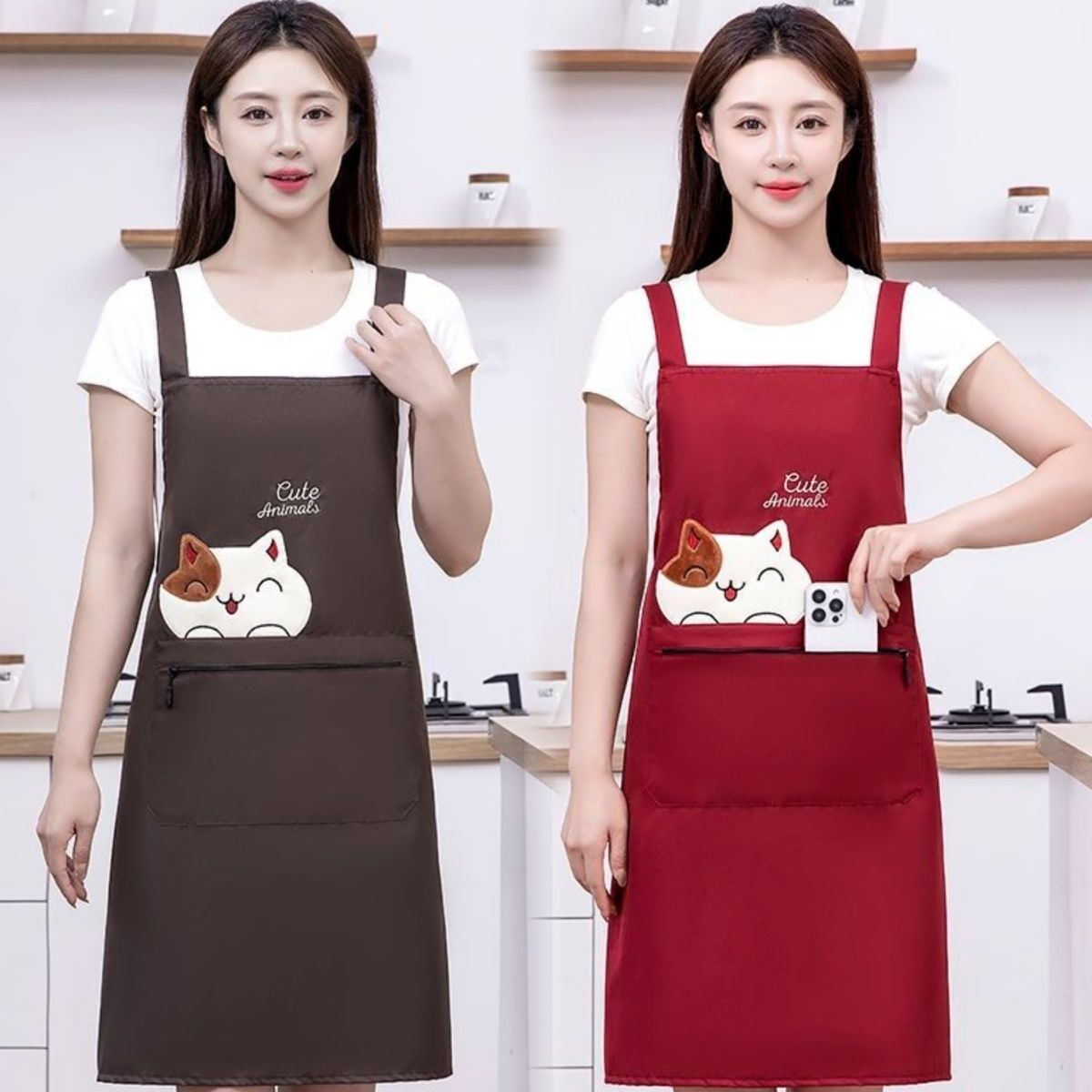 New custom-made aprons for kitchen use, waterproof and stain-resistant for cooking, cute oil-resistant waists, work clothes for baking, fashionable for work, and printed characters pic 8