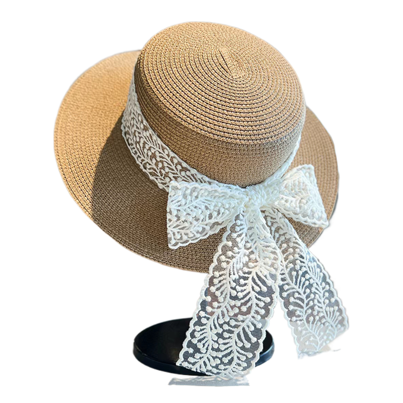 Cross-border new bestsellers: Women's spring and summer flat brim straw hats, lace bow ribbon straw woven hats, flat top hats, sun hats, fashionable seaside vacation, outdoor travel, sun protection hats, daily urban style Item Picture