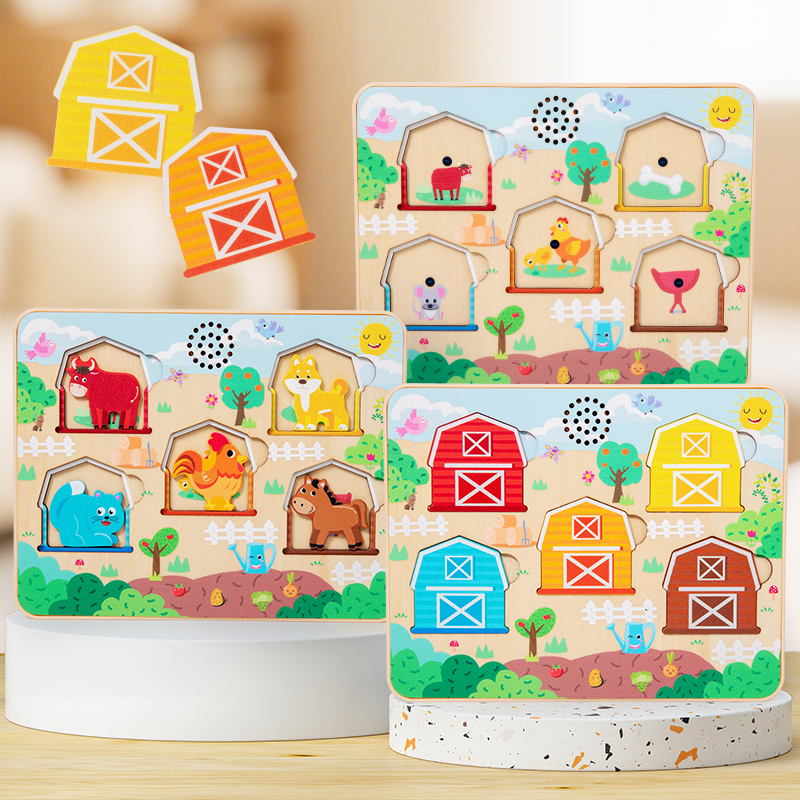 Three-layer animal sound matching puzzle, children's wooden farm animal puzzle toy, children's wooden sound puzzle, animal sound matching puzzle board, baby's early education and intelligence toy Item Picture