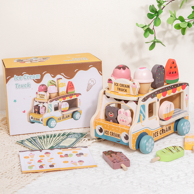 Eight major institution certificates, ice cream store selling cart, cute model, science education toy, wooden simulation ice cream cart, small store, house play toy, educational parent-child interaction building blocks, boy and girl gifts details Picture