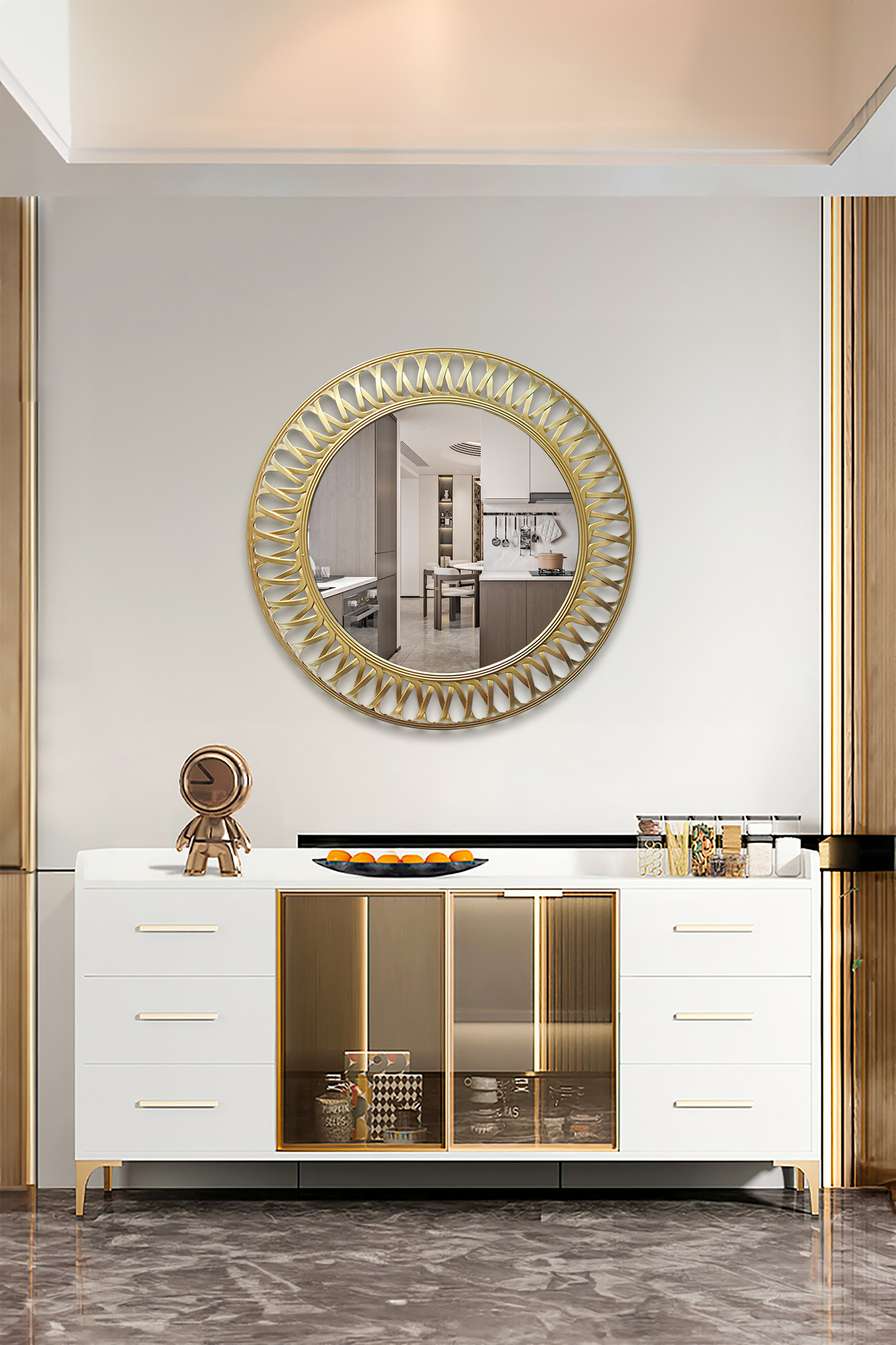 Golden circular frame dressing mirror and entrance mirror Specification image