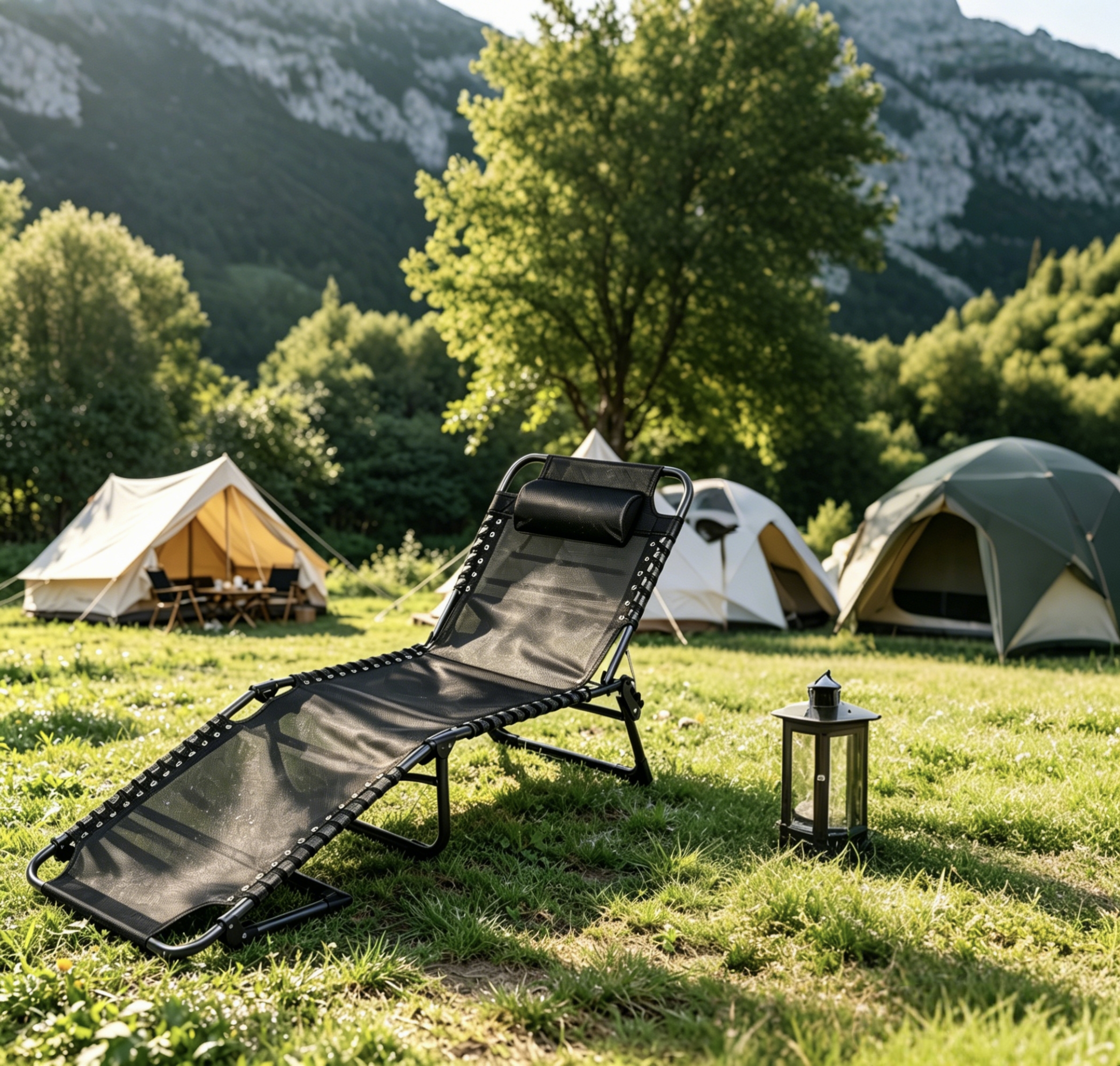 Black folding lounge chair, outdoor main folding chair, folding sofa, camping lounge chair Specification image