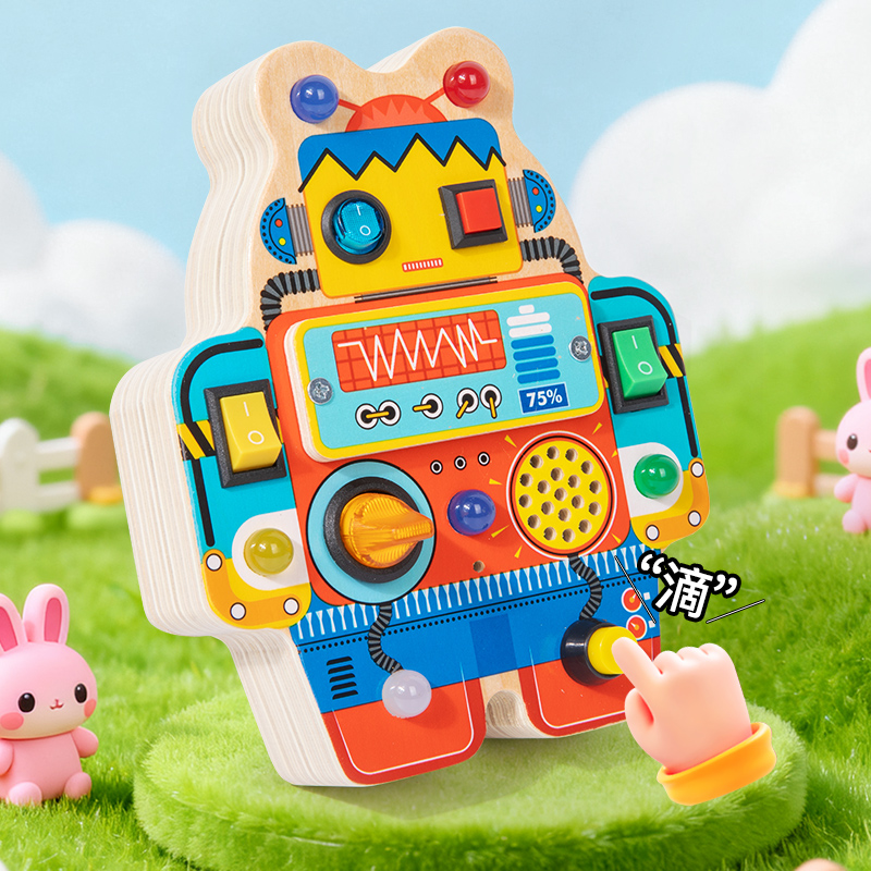 Color electronic busy robot, children's gift person, LED power switch recording, baby Montessori early education intelligence busy board, wooden toy Specification drawing