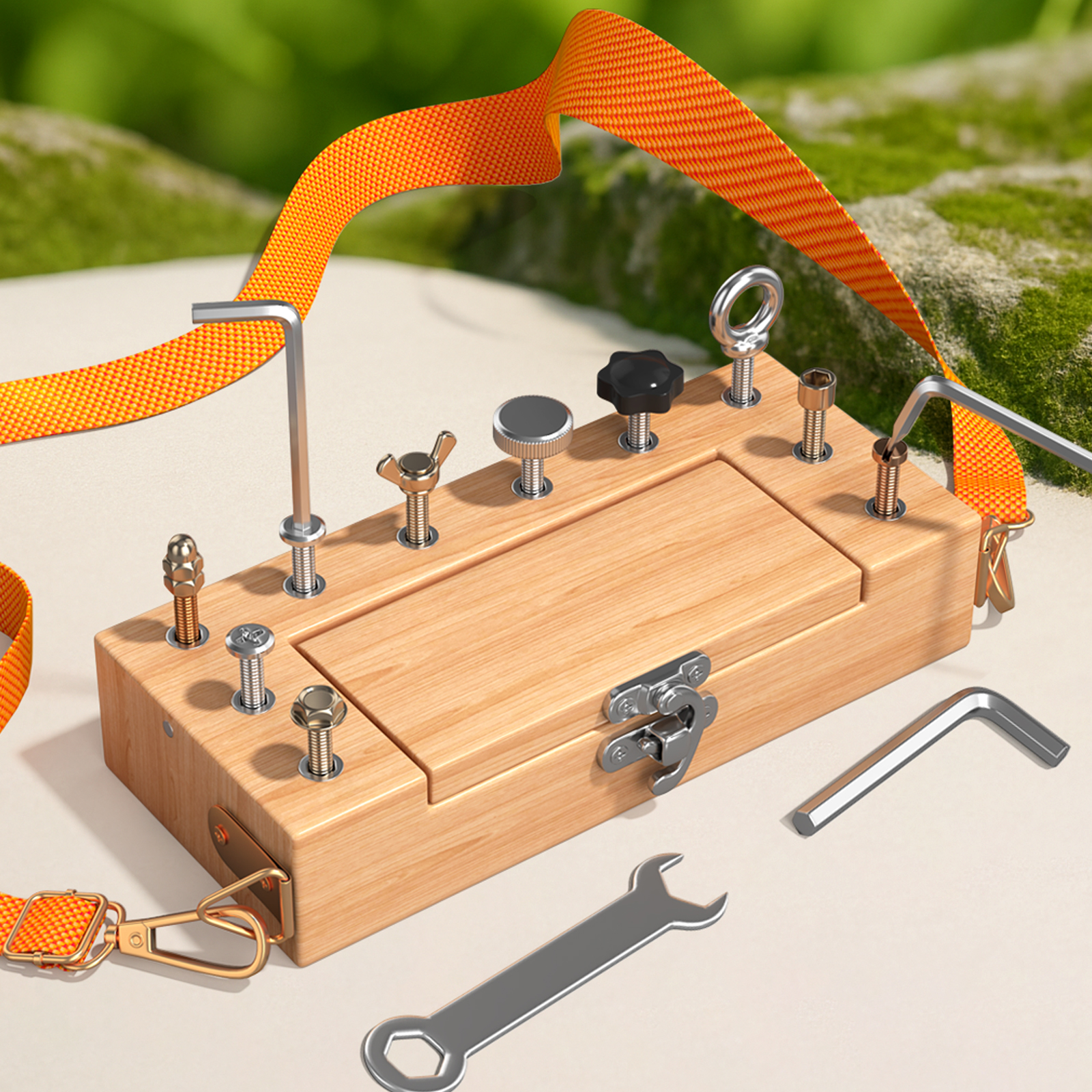 CPC CE Nut Tool Box, Montessori Children's Screwdriver Set, portable shoulder strap learning sensory early education toy, wooden Montessori screw combination, disassembly and assembly nut tool box, early education and intelligence toy Application Scenario