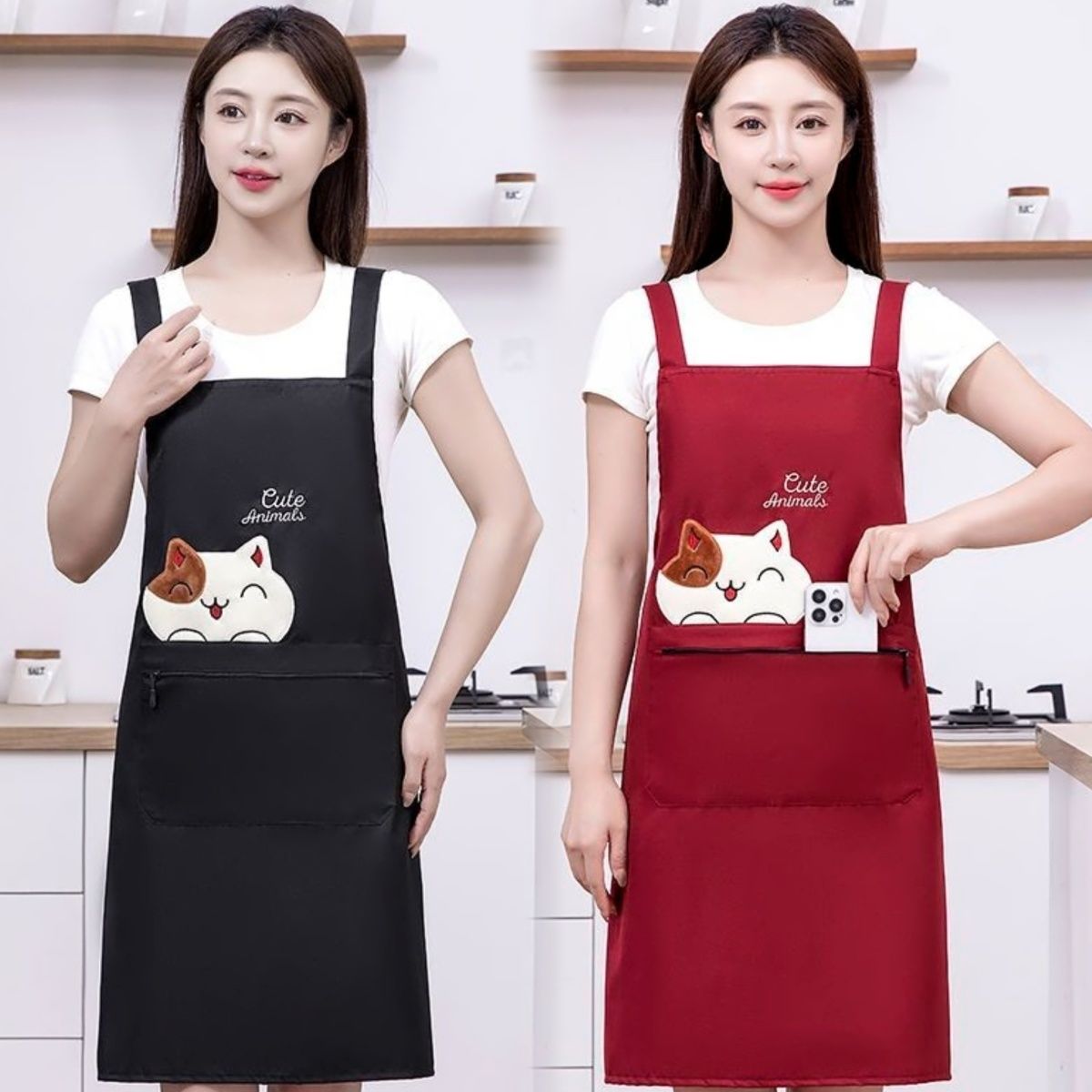 New custom-made aprons for kitchen use, waterproof and stain-resistant for cooking, cute oil-resistant waists, work clothes for baking, fashionable for work, and printed characters pic 9