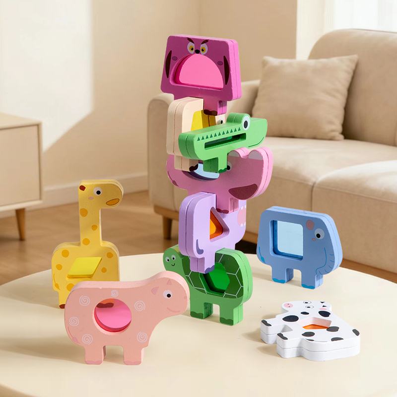 10PCS Animal Jenga building blocks, light and shadow shape recognition, children's early education and intelligence toys, solid wood assembly, concentration training, transparent acrylic building blocks, balanced stacking game details Picture