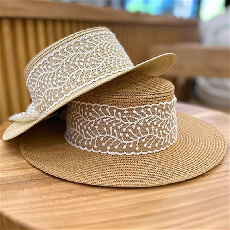 Cross-border new bestsellers: Women's spring and summer flat brim straw hats, lace bow ribbon straw woven hats, flat top hats, sun hats, fashionable seaside vacation, outdoor travel, sun protection hats, daily urban style Specification image