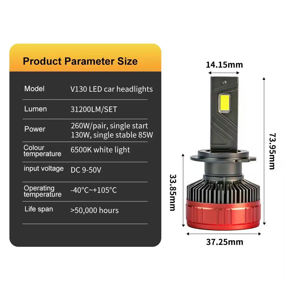 Car LED headlights 130W, high-brightness led spotlights H1H3H4H7 9005, high beams V130 type pic 3