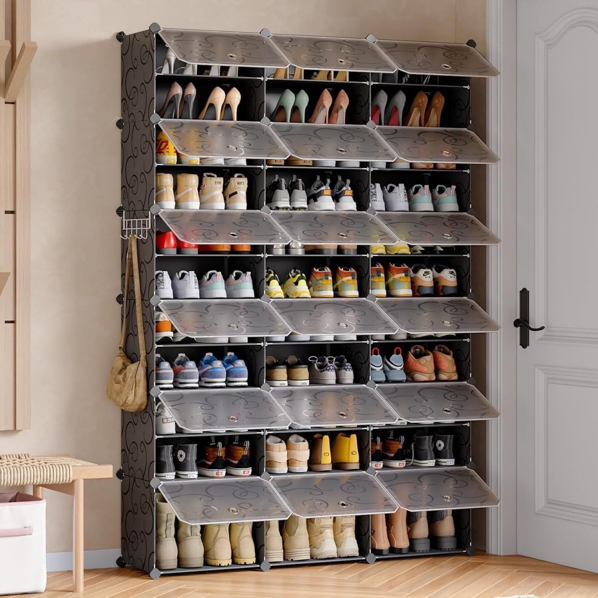 Cross-border best-selling black embossed and white embossed vertical shoe storage cabinet, simple splicing, multi-layer shoe rack at the door Specification image