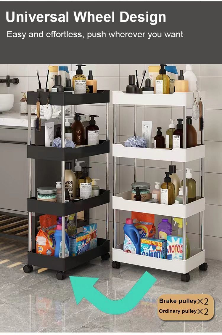 Stainless steel pipe wheeled trolley storage rack, bathroom washbasin, seam plastic storage rack, multi-layer toilet rack detail image 10
