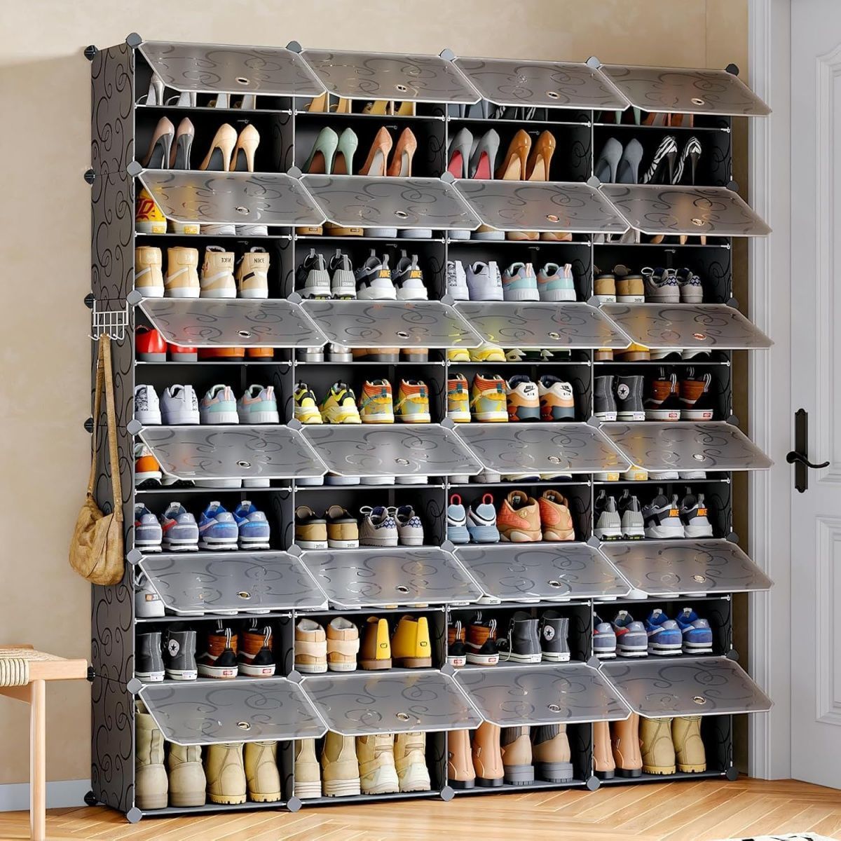 Cross-border best-selling black embossed and white embossed vertical shoe storage cabinet, simple splicing, multi-layer shoe rack at the door details Picture