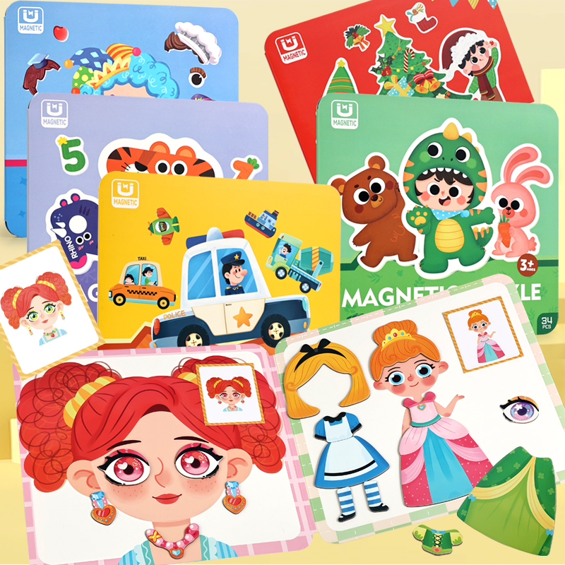 Six optional magnetic puzzle pages, magnetic dress-up puzzles, children's dress-up stickers, educational toys, 3-6 years old girls, princesses, quiet traffic books, number and letter recognition, Christmas gifts full figure
