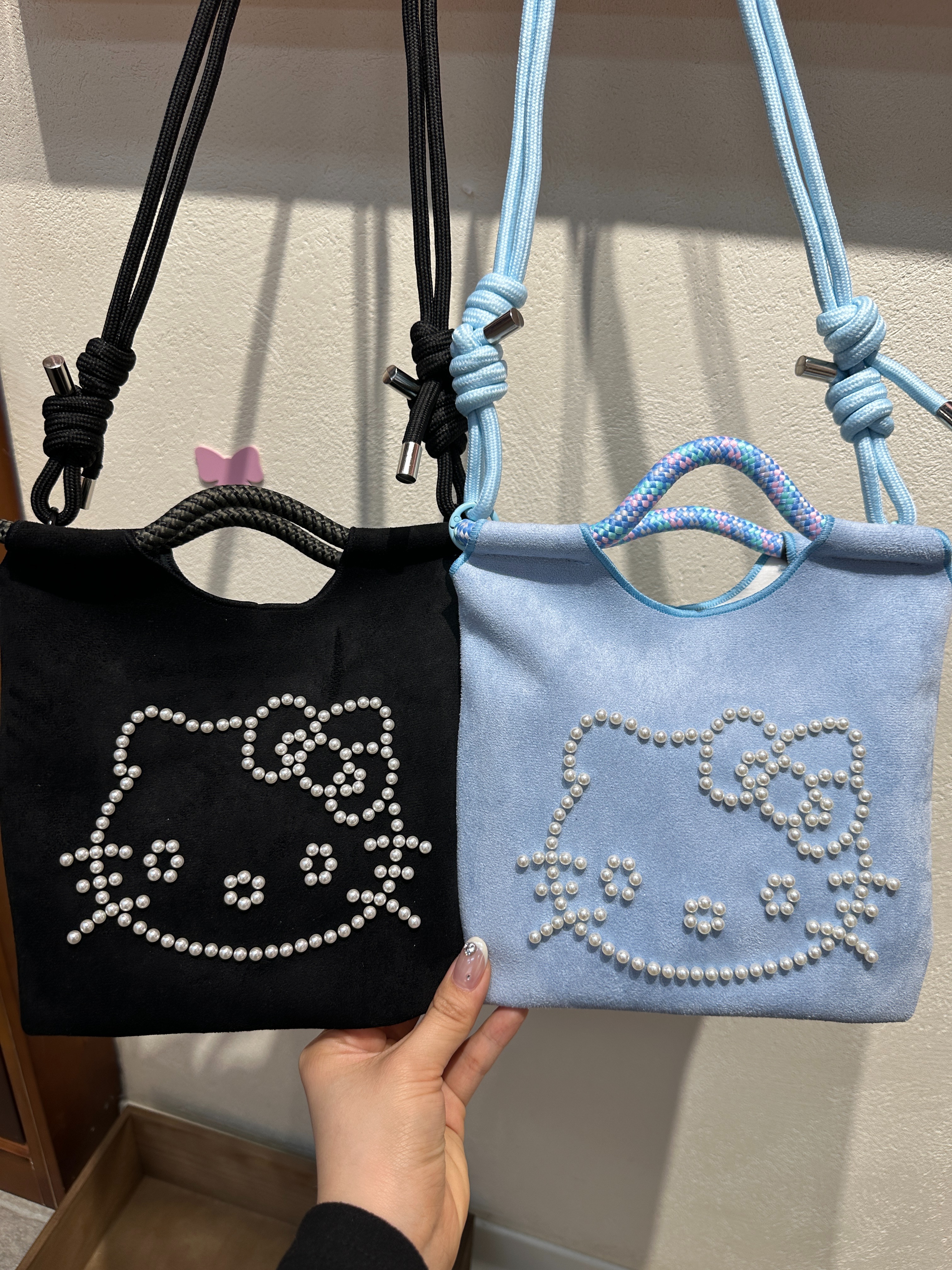黑色蓝色珍珠装饰手提包刺绣上衣Slingbags