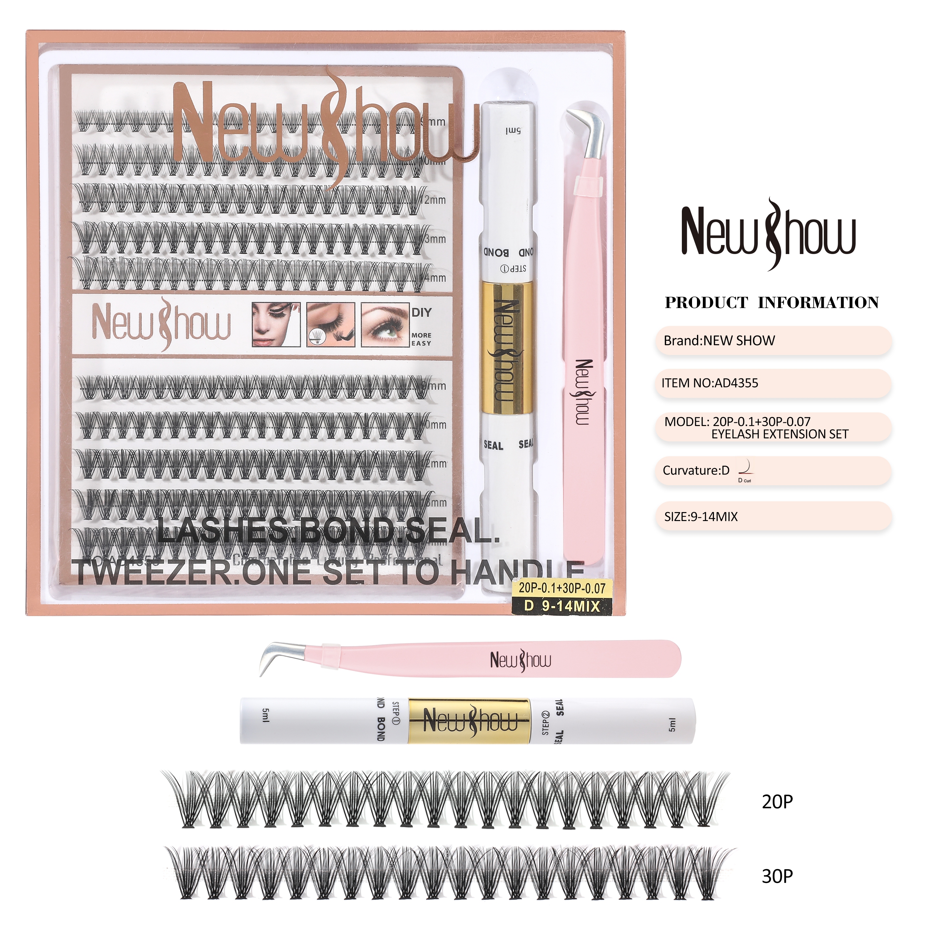 假睫毛套装双头胶水雨衣朵毛20P+30PNEW SHOW嫁接睫毛DIYLASHES