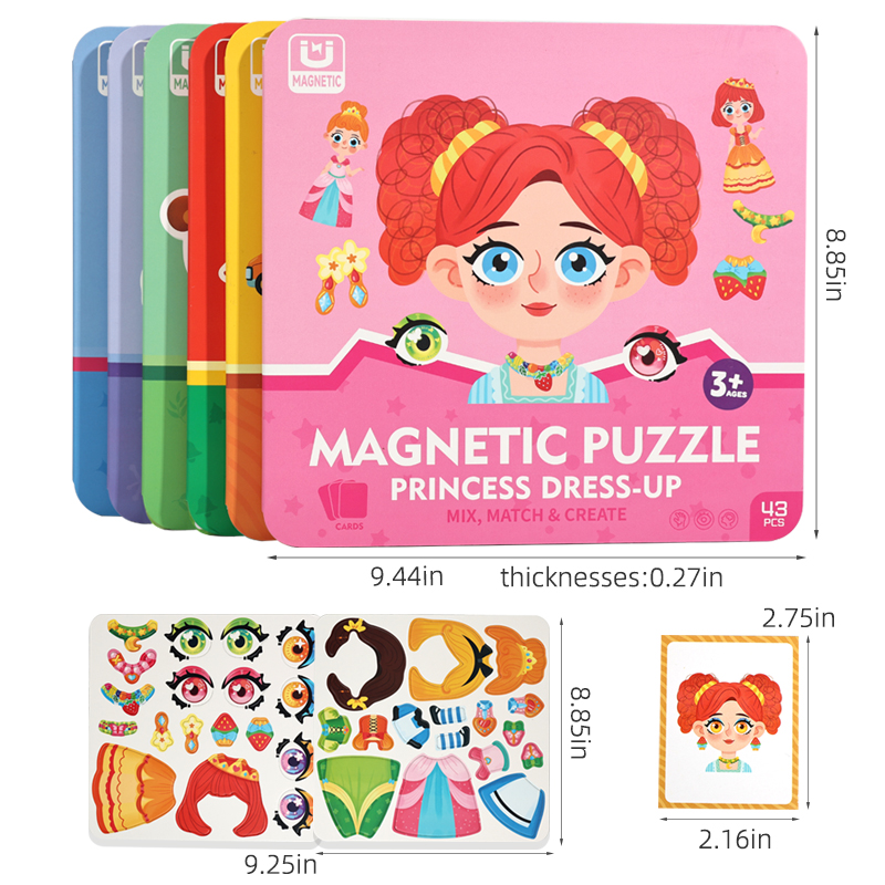 Six optional magnetic puzzle pages, magnetic dress-up puzzles, children's dress-up stickers, educational toys, 3-6 years old girls, princesses, quiet traffic books, number and letter recognition, Christmas gifts details Picture