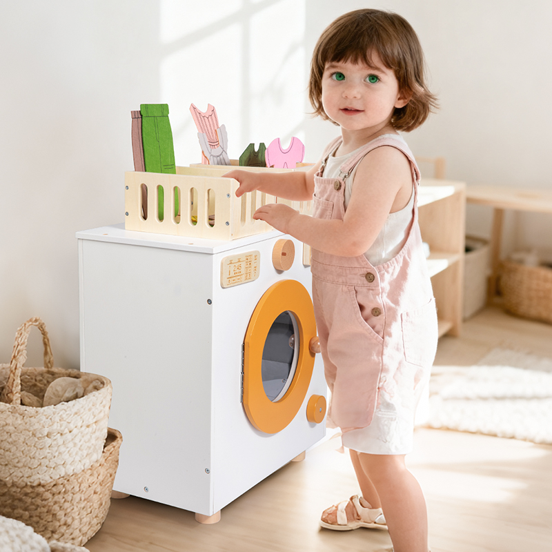 Nordic washing machine mini model toy, washing machine small appliance, children's toy, children's wooden washing machine, storage cabinet, play house, clothes drying, washing and care, kitchen set toy, wooden play house Item Picture