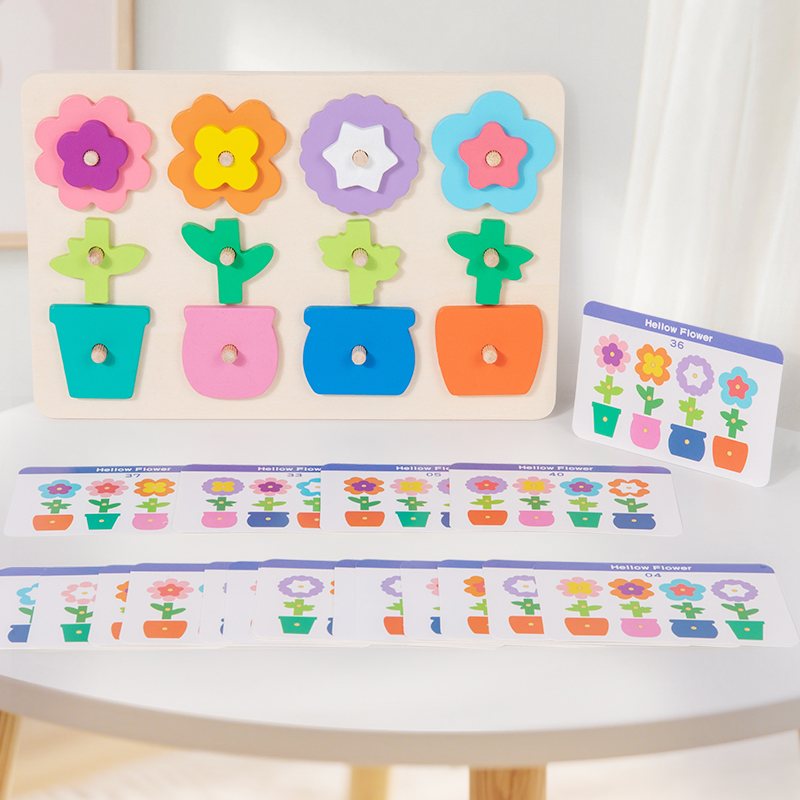 CPC CE Colorful Flower Matching Jigsaw Puzzle toy, Wooden jigsaw puzzle board with matching cards, children's Montessori early education, Geometric jigsaw puzzle board, hand-grabbed fixed board, spatial thinking development jigsaw puzzle building blocks, shape matching full figure