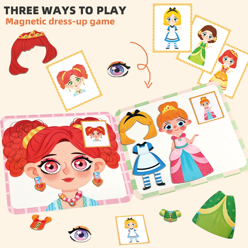 Six optional magnetic puzzle pages, magnetic dress-up puzzles, children's dress-up stickers, educational toys, 3-6 years old girls, princesses, quiet traffic books, number and letter recognition, Christmas gifts Specification drawing