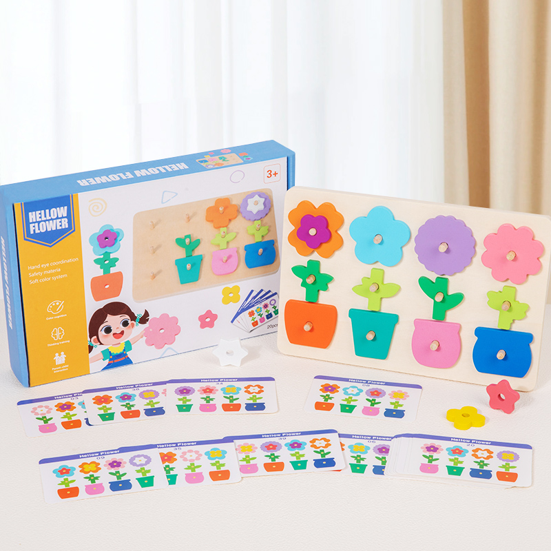 CPC CE Colorful Flower Matching Jigsaw Puzzle toy, Wooden jigsaw puzzle board with matching cards, children's Montessori early education, Geometric jigsaw puzzle board, hand-grabbed fixed board, spatial thinking development jigsaw puzzle building blocks, shape matching Application Scenario