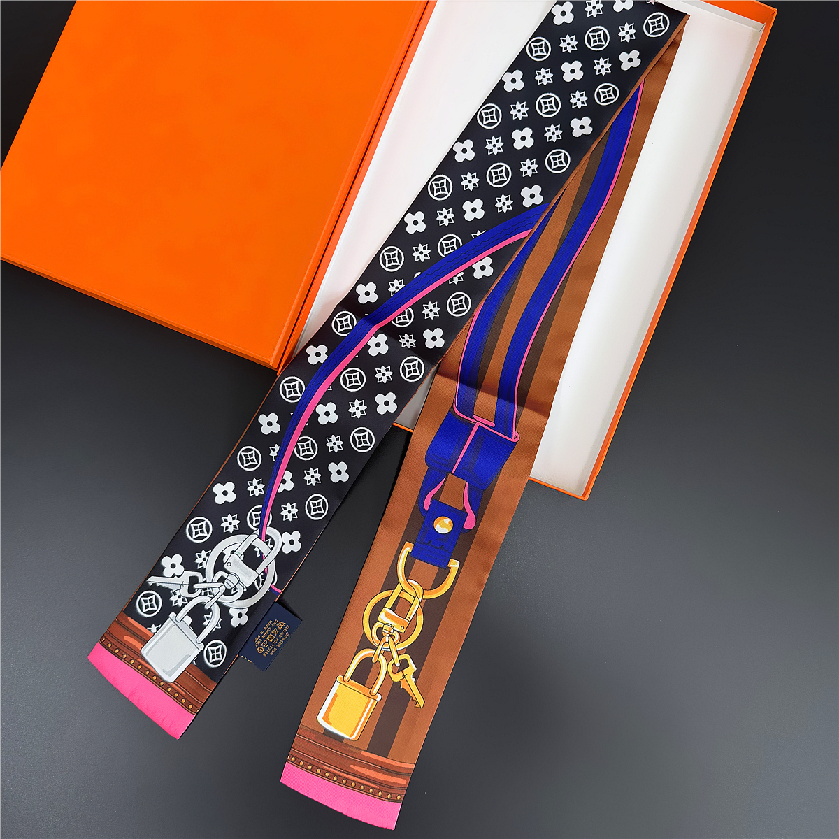 Professional daily geometric space line silk scarf for women 120*8cm hair band binding bag decoration hair tie wrist strap Application Scenario