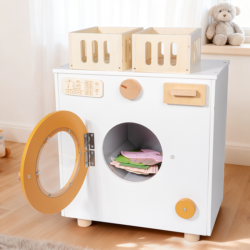 Nordic washing machine mini model toy, washing machine small appliance, children's toy, children's wooden washing machine, storage cabinet, play house, clothes drying, washing and care, kitchen set toy, wooden play house details Picture