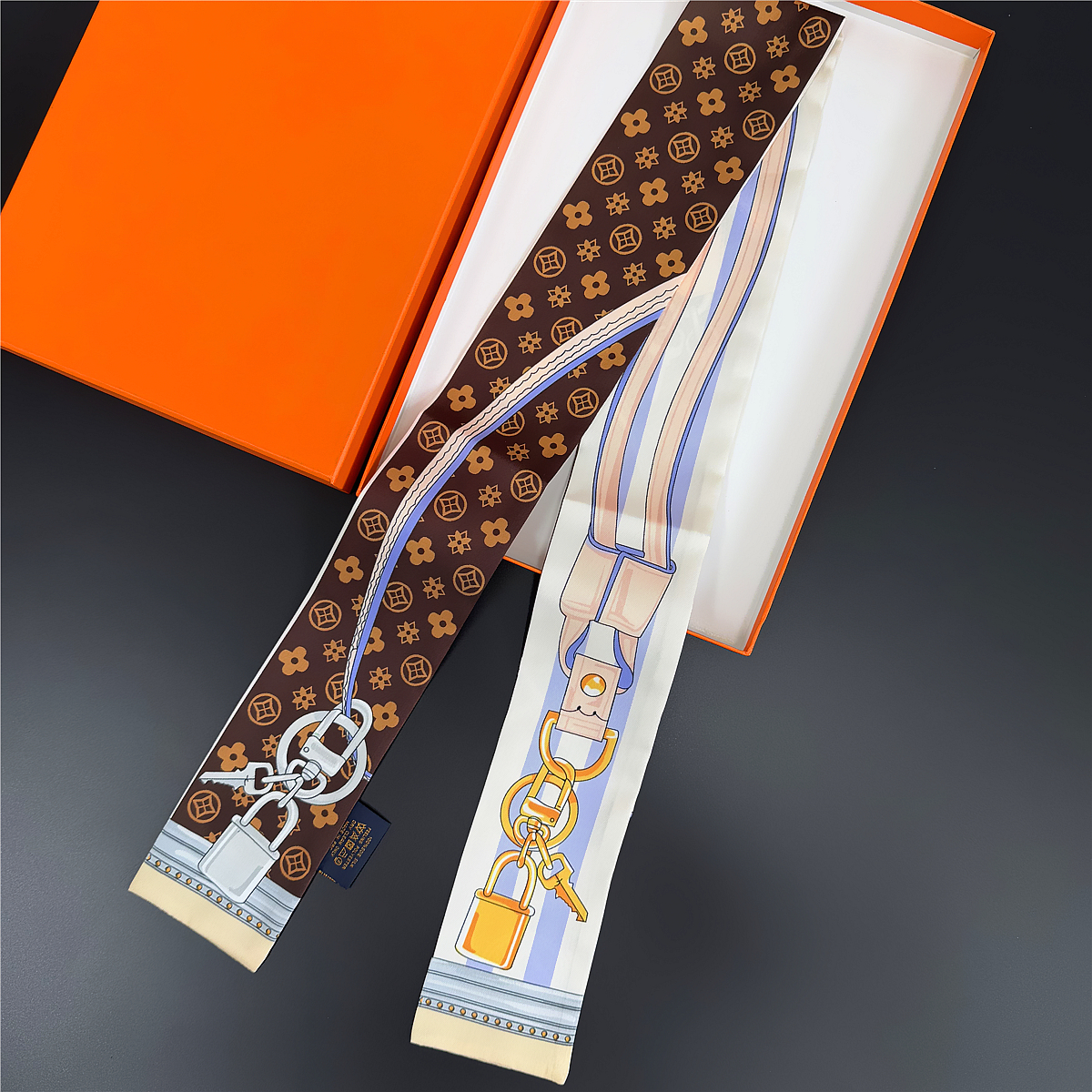 Professional daily geometric space line silk scarf for women 120*8cm hair band binding bag decoration hair tie wrist strap Item Picture
