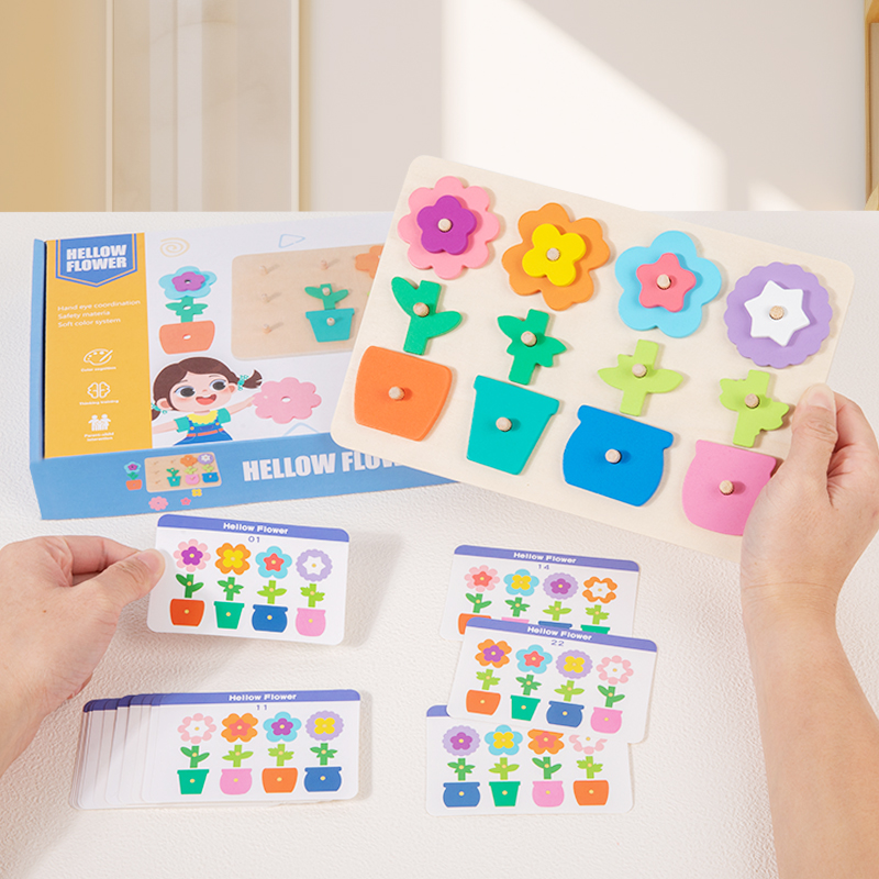 CPC CE Colorful Flower Matching Jigsaw Puzzle toy, Wooden jigsaw puzzle board with matching cards, children's Montessori early education, Geometric jigsaw puzzle board, hand-grabbed fixed board, spatial thinking development jigsaw puzzle building blocks, shape matching Specification drawing
