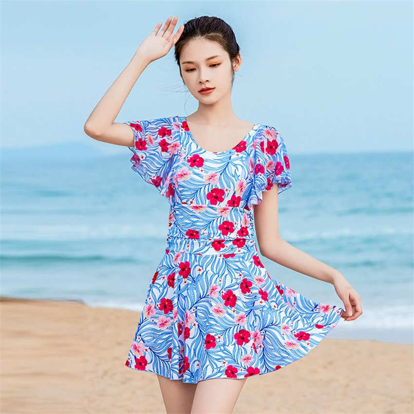 泳衣女连体浅宝蓝色保守裙式显瘦泳装国潮