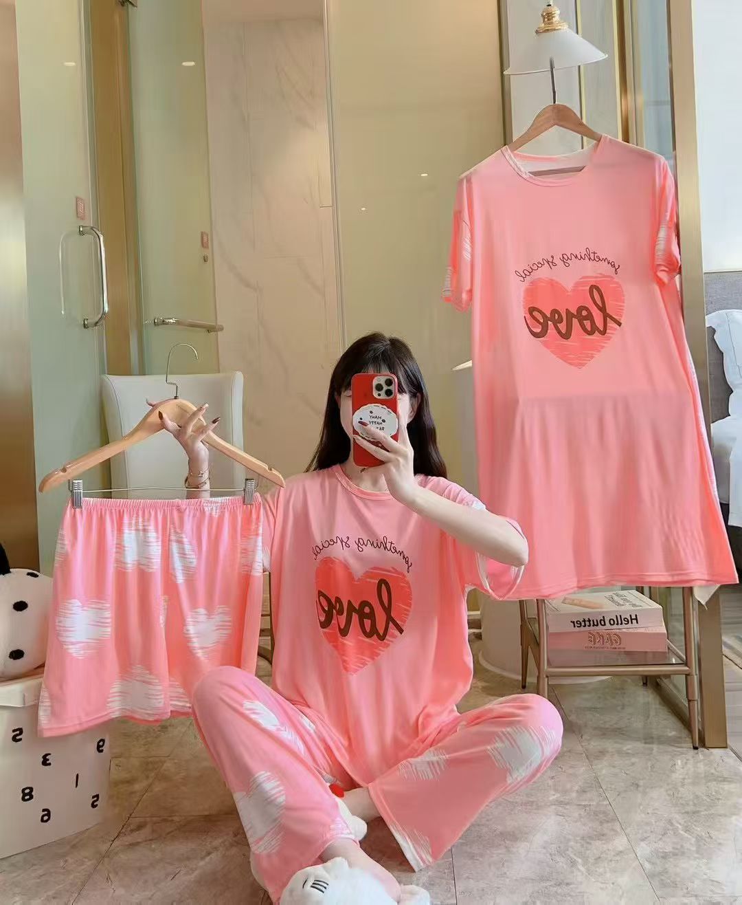 Pink heart-shaped pattern women's home wear and pajama set, sexy pajamas and pajama pants, comfortable women's clothing for home use details Picture