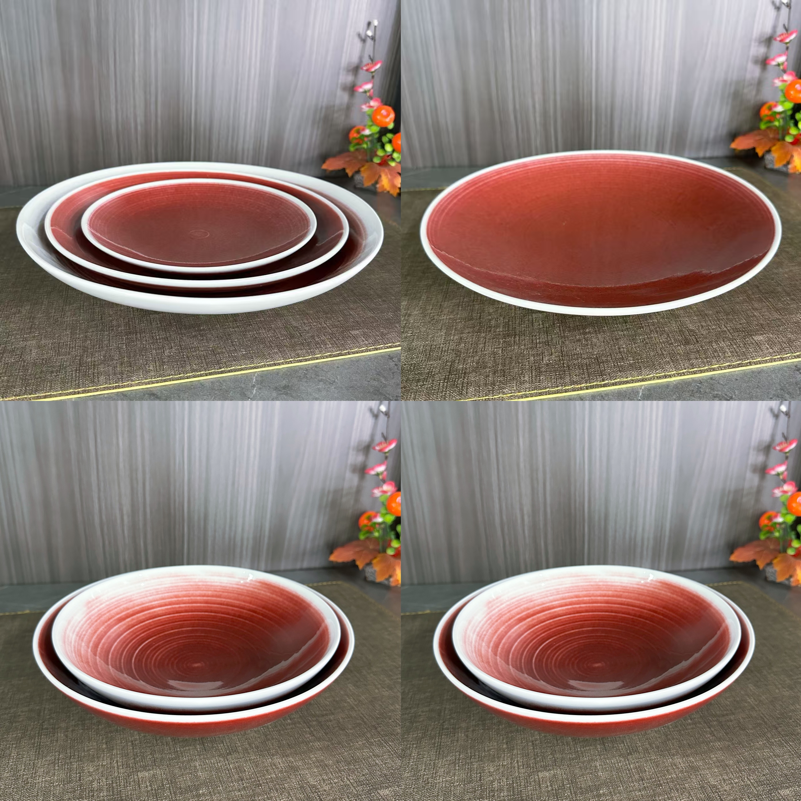 Belgian series Lang Red glazed retro ceramic tableware, salad bowl, small leg round bowl, hotel restaurant banquet tableware