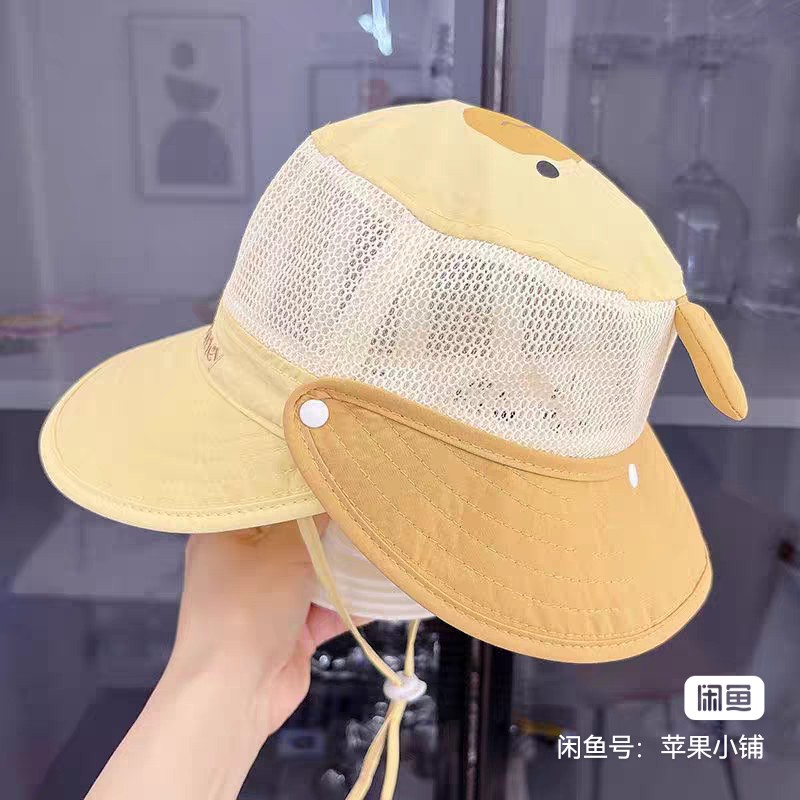 全新儿童防晒遮阳帽，夏天户外必备，大帽檐设计，带防风绳，透气不闷，帽子上有卡通造