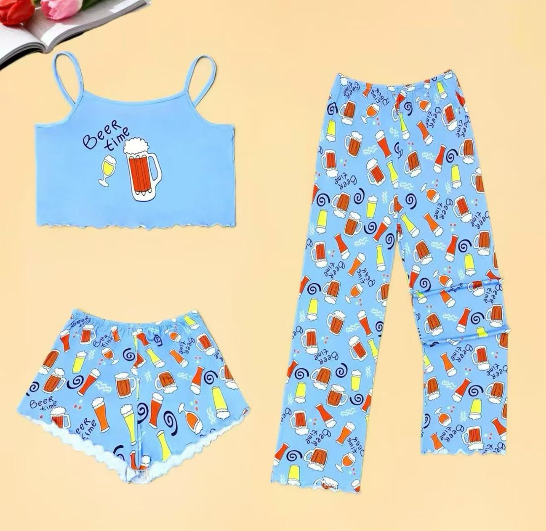 Red butterfly pattern fashionable casual set for women, loose Korean-style sun protection hat, leftover stock, halter top, shorts and long pants Item Picture