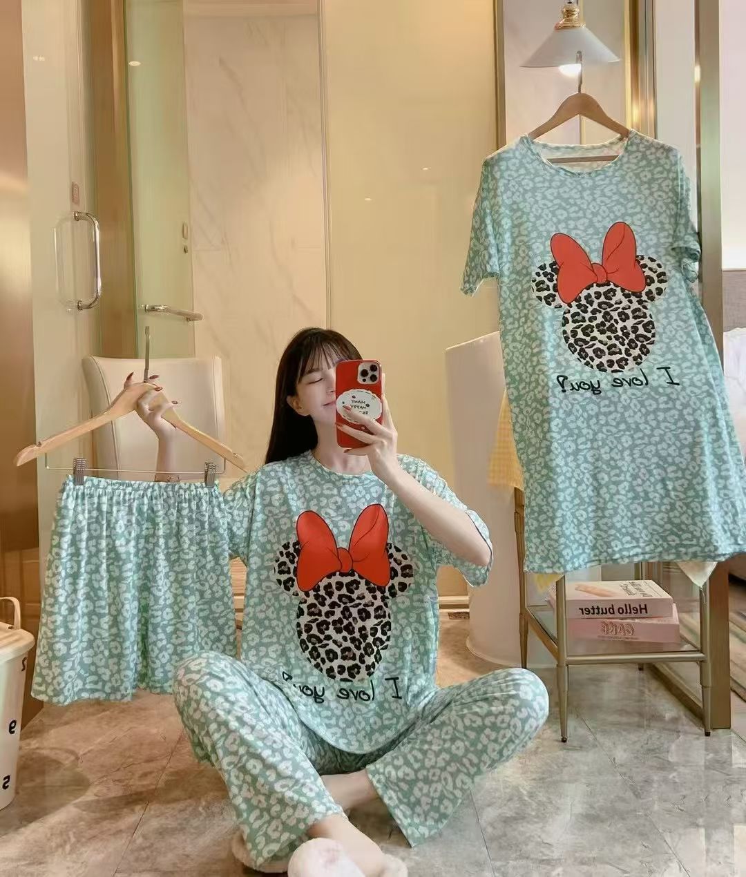 Pink heart-shaped pattern women's home wear and pajama set, sexy pajamas and pajama pants, comfortable women's clothing for home use Specification image