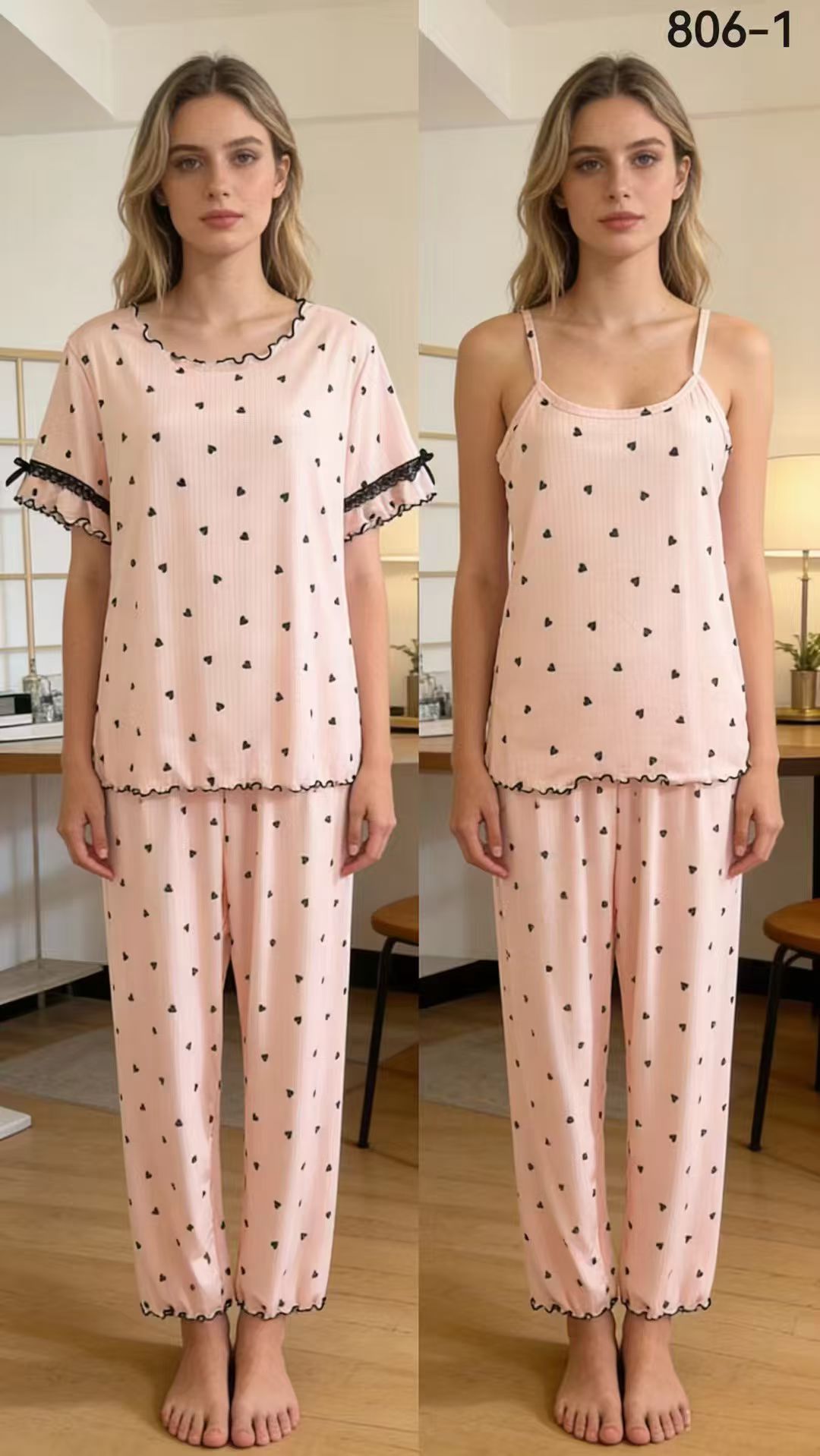 Heart-shaped pattern women's home wear set, short-sleeved and halter loose Korean-style sun protection and shading clothing Specification image