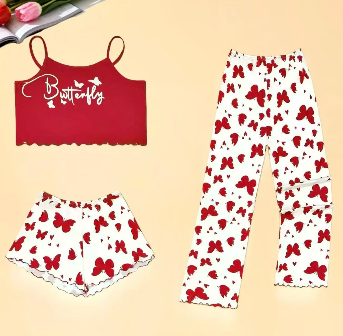 Red butterfly pattern fashionable casual set for women, loose Korean-style sun protection hat, leftover stock, halter top, shorts and long pants Specification image