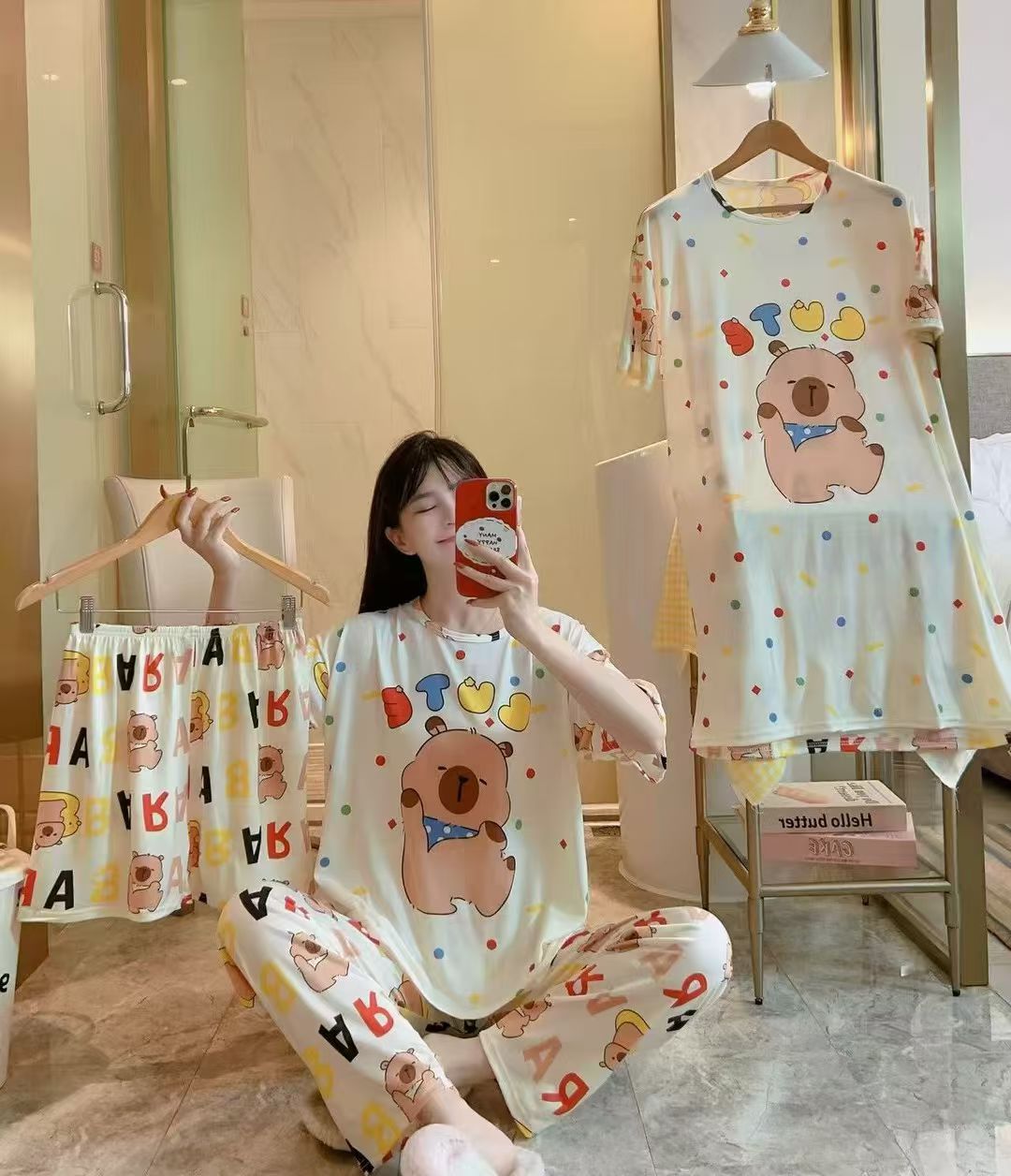 Pink heart-shaped pattern women's home wear and pajama set, sexy pajamas and pajama pants, comfortable women's clothing for home use