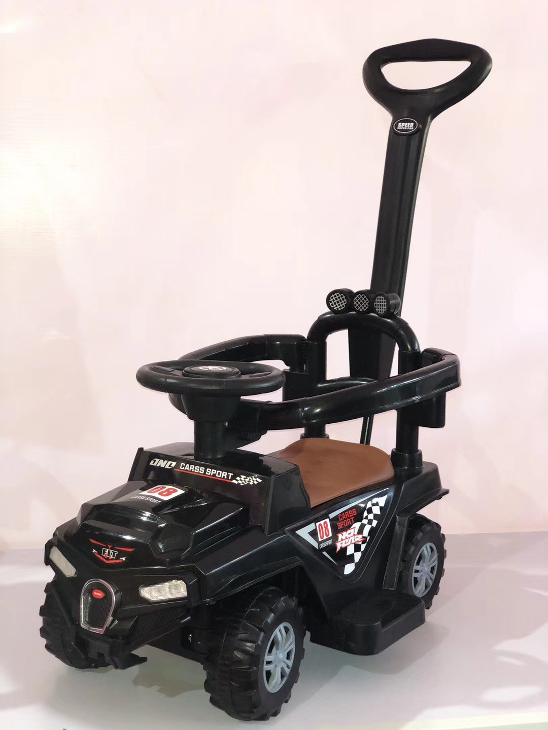Cool fun with cute kids! A children's stroller with music, featuring push handles, guardrails and foot pedals. The steering wheel can be turned 25 degrees. It's safe and fun! Children's twisty car, four-wheel roller coaster with toy crabs Item Picture