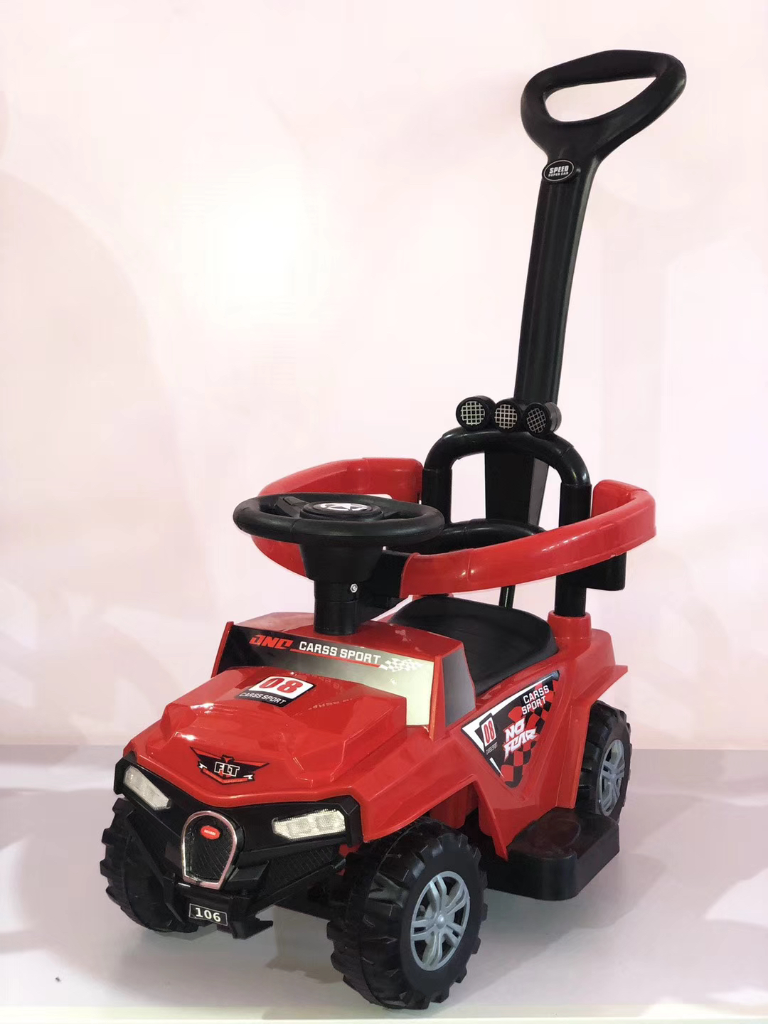 Cool fun with cute kids! A children's stroller with music, featuring push handles, guardrails and foot pedals. The steering wheel can be turned 25 degrees. It's safe and fun! Children's twisty car, four-wheel roller coaster with toy crabs Specification drawing