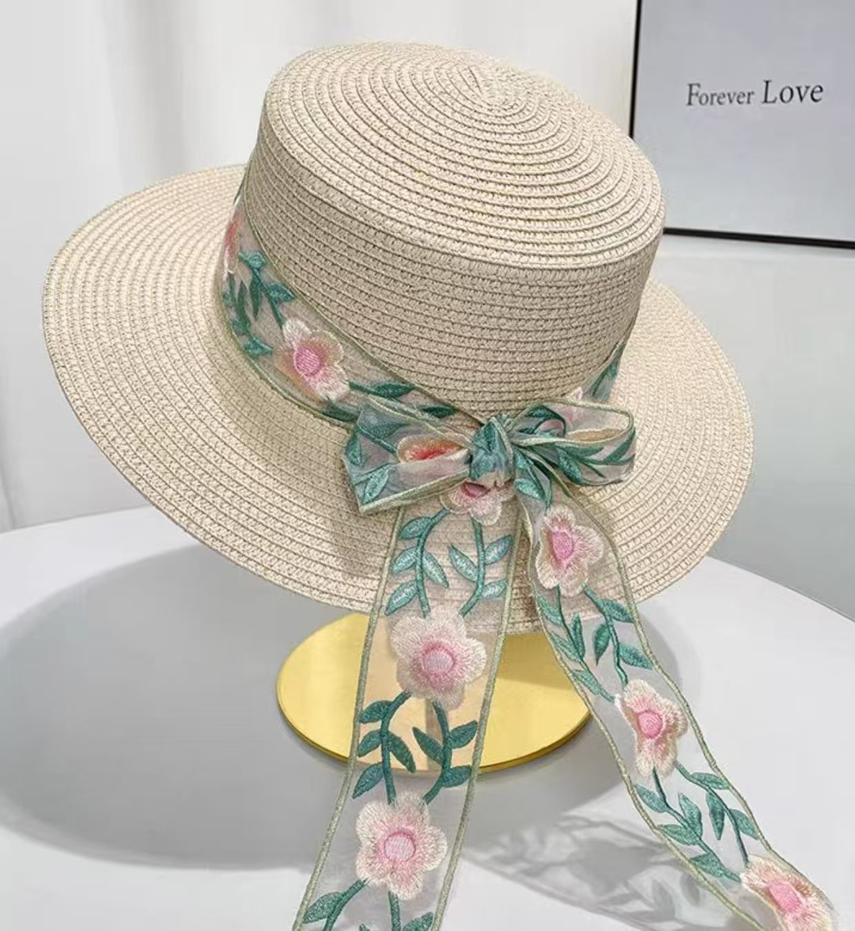 Ladies' new flat-topped straw hat, colorful lace bow ribbon straw hat, beach hat, sun hat, sunshade hat, seaside vacation, travel, daily outdoor leisure urban style details Picture