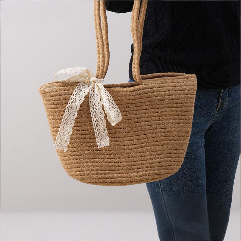 Cross border woven bag lazo de encaje bolso de paja de gran capacidad tote de axila bolso de mujer cuerda de algodón tejido mano bl bolsa de hombro bolsa de playa bolso tejido