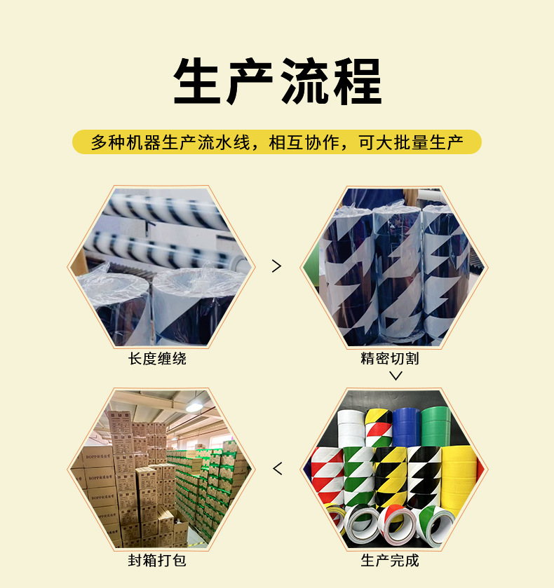黑黄色PVC警示胶带批发 48mm车间地板标识30米警戒警示胶带厂家详情9