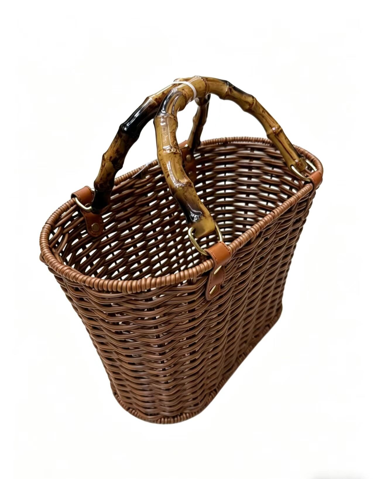 Imitation rattan hand-held storage basket, plastic rattan woven egg-shaped fruit carrying basket, household storage basket that can be carried, imitation bamboo handle grocery basket details Picture
